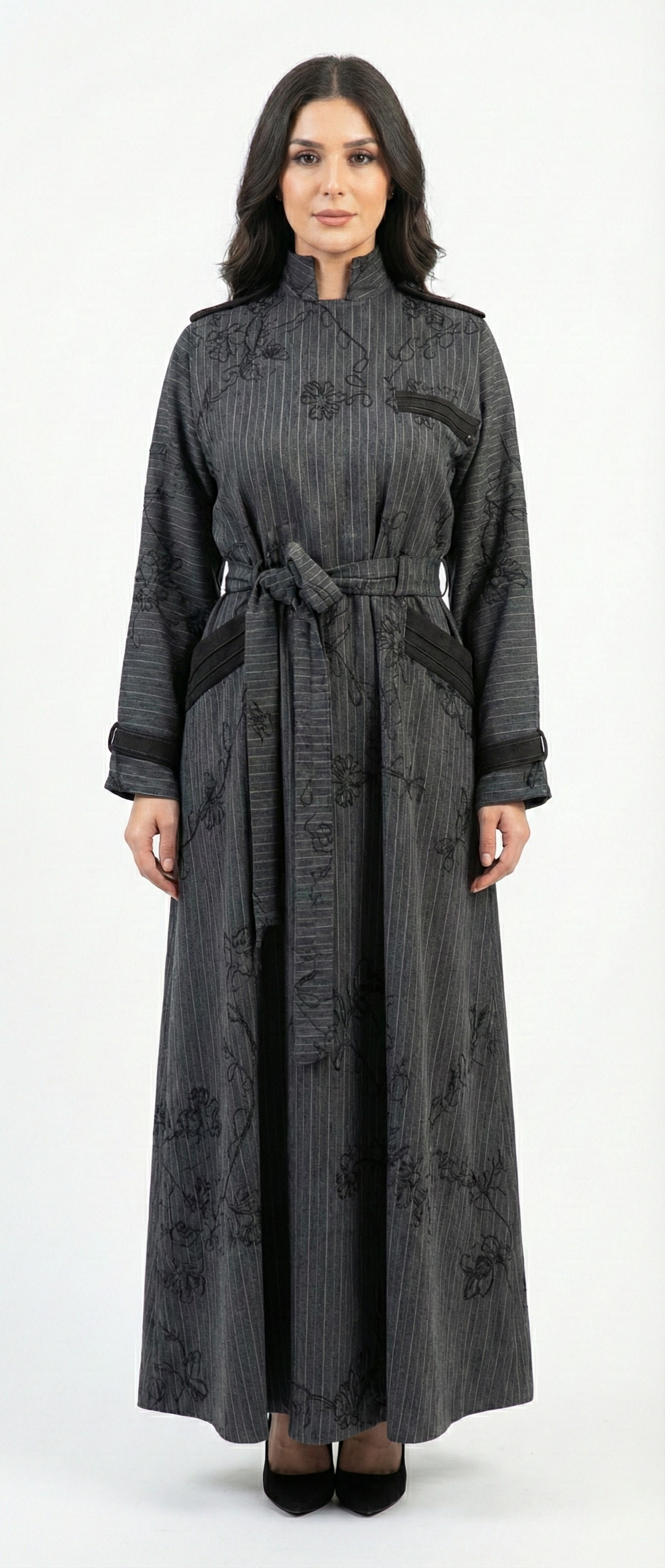 Belted Pinstripe Grey Abaya