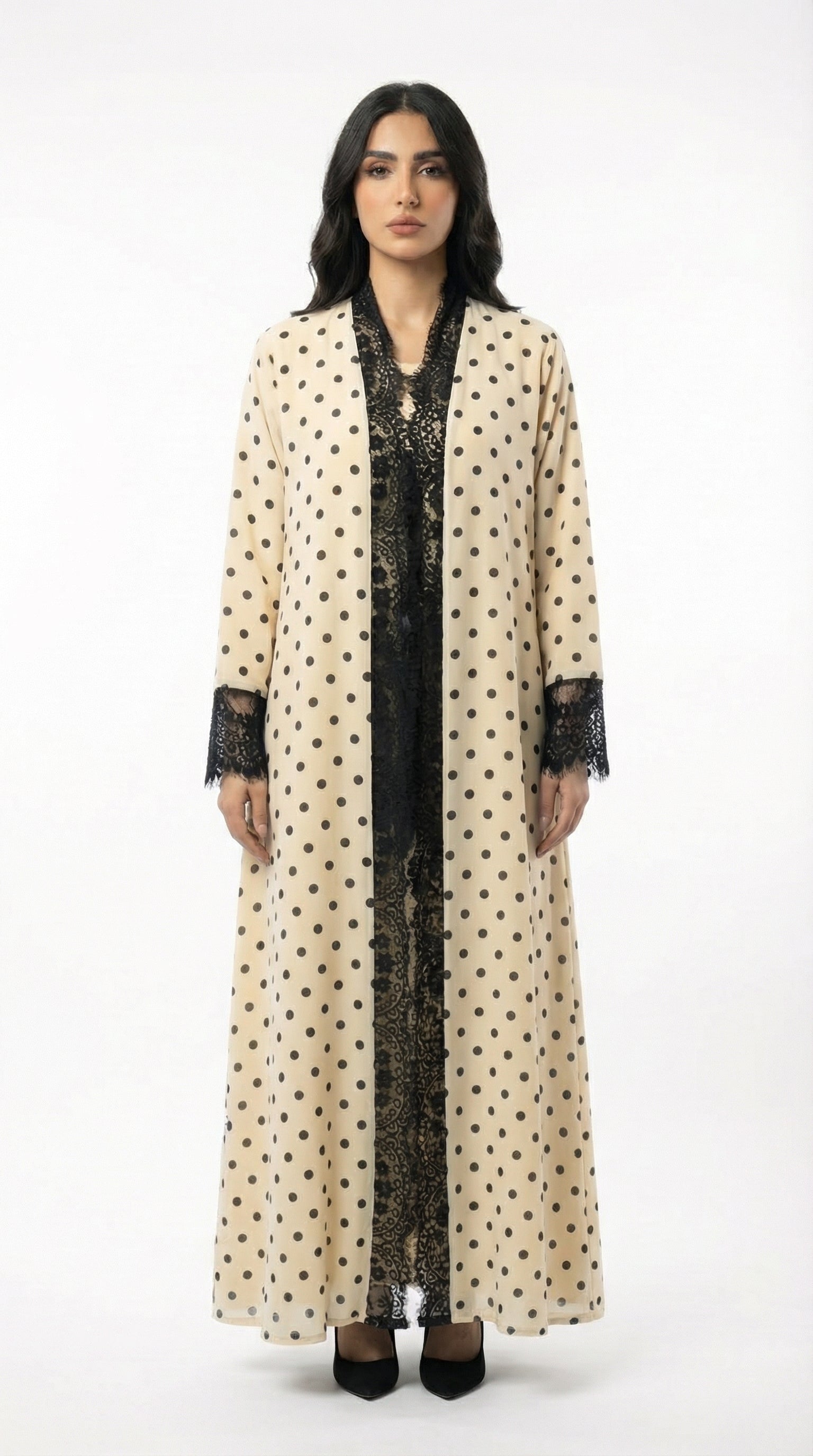 Polka Dot Lace Trim Open Abaya