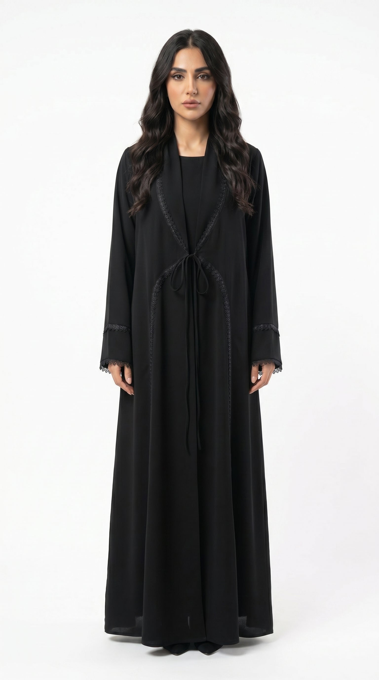 Lace Trim Tie-Waist Abaya